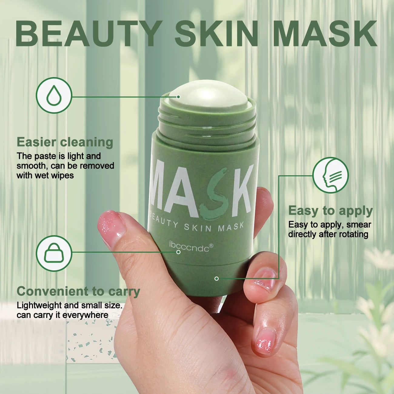 Green Tea Solid Mask Stick, Hypoallergenic, Formaldehyde Free, Unscented, Cleansing, Moisturizing, Oil Control, for All Skin Types, Combination Skin